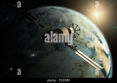 3D rendering of a satellite orbiting the earth Stock Photo