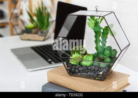 Laotop, florarium and books stack on table Stock Photo