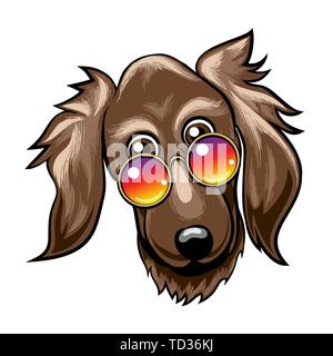 Hand drawn cute funny Dog Muzzle in Rainbow color glasses. Vector Illustration Stock Vector