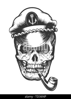 Human skull in captain peaked cap smoking tobacco pipe. Vector illustration. Stock Vector