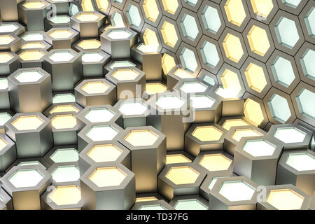 Golden hexagonal metallic background, three-dimensional rendering Stock Photo