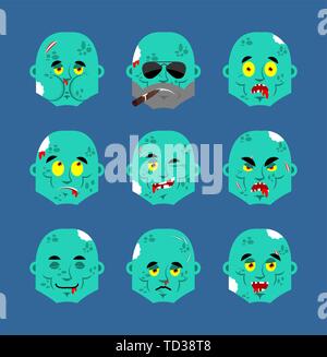 Zombie set emoji avatar. sad and angry face. guilty and sleeping. Living Dead sleeping emotion face. Undead Vector illustration Stock Vector