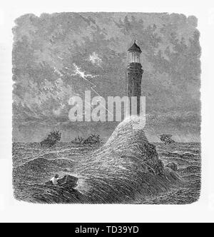 Vintage illustration of the Eddystone Lighthouse during a storm, built on the Eddystone Rocks 9 miles South of Cornwall and Devon, United Kingdom Stock Photo