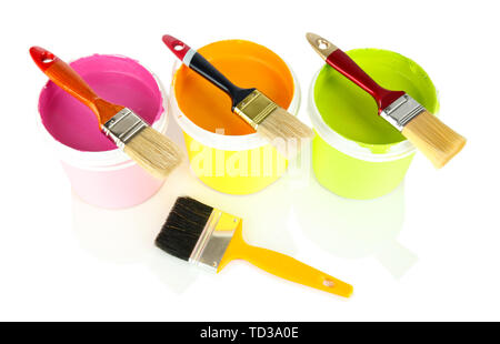 Set for painting: paint pots, brushes isolated on white Stock Photo