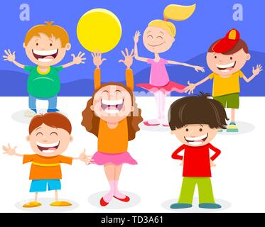 Cartoon Illustration of Happy Elementary Age Kids or Teen Characters Group Stock Vector