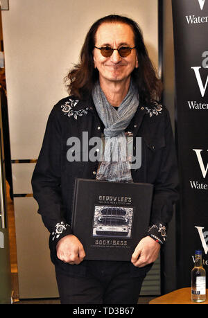 London, UK Geddy Lee, of Canadian rock band Rush, signs copies of his new book - Geddy Lee's Big Beautiful Book Of Bass at Waterstones Piccadilly, London on Saturday 8 June 2019 Ref: LMK392-S2543-090619 Vivienne Vincent/Landmark Media.  WWW.LMKMEDIA.COM.