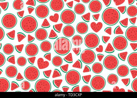 Watermelon pieces Wide Seamless pattern Summer surface design. Vector illustration isolated on white Stock Vector
