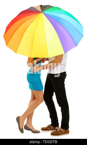 Loving couple standing with umbrella isolated on white Stock Photo - Alamy