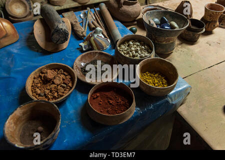 Dyes used in pottery at Ceramicas Emilia in Nazca, Peru, South America Stock Photo