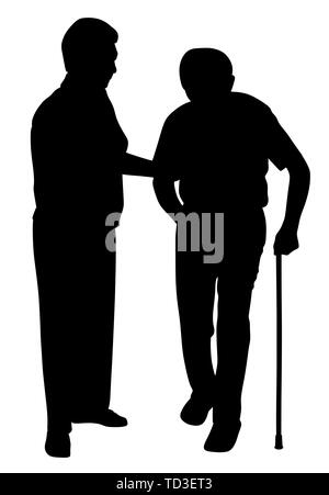 Senior woman supporting a senior man with walking stick Stock Vector