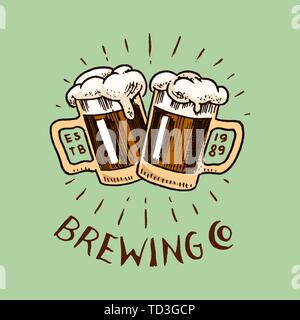 Cheers toast. Glass of beer in vintage style. Alcoholic Label with calligraphic elements. Classic American badge for poster banner. Hand drawn Stock Vector