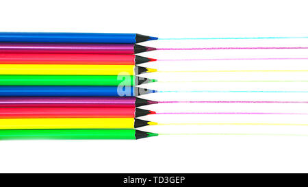 Creative layout of school supplies neon colors pencils pattern drawn color lines on white background, isolated. Stock Photo