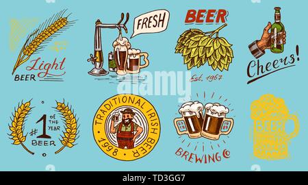 Bottle of beer in hand with the inscription Cheers toast. Rye and wheat. Set of Vintage labels and badges for poster. Hand drawn engraved sketch for Stock Vector