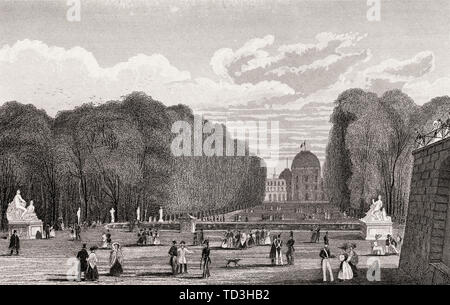 Garden of the Tuileries Palace, Paris, antique steel engraved print, 1831 Stock Photo
