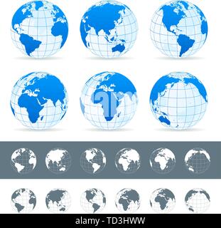 Vector set of different globe views. Made in blue, gray and white variants. Stock Vector