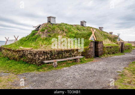 Reconstructed Norse or Viking settlement at L’Anse aux Meadows on the Great Northern Peninsula of Newfoundland. Stock Photo