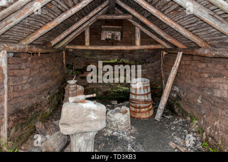 Reconstructed Norse or Viking furnace house at L’Anse aux Meadows on the Great Northern Peninsula of Newfoundland. Stock Photo