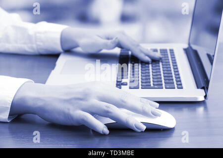 Female hands working on laptop,in shades of grey Stock Photo
