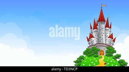 Cartoon castle on the hill. Old gray castle. Landscape with a castle against the blue sky and white clouds. Stock Vector