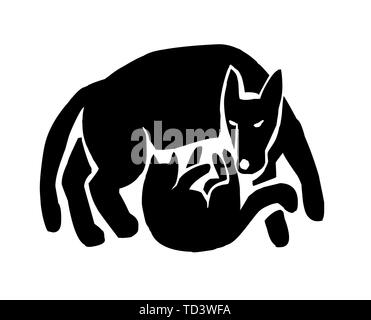 Cat and dog friends together silhouette black white Stock Vector