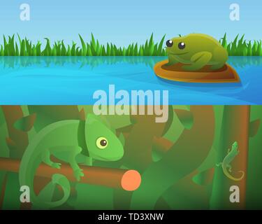 Reptiles amphibians banner set. Cartoon illustration of reptiles amphibians vector banner set for web design Stock Vector