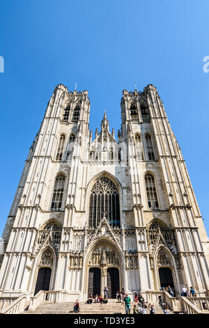 Low angle view of the western facade of the Cathedral of St. Michael and St. Gudula in Brussels, Belgium, with three portals surmounted by two towers. Stock Photo