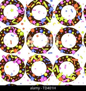 Sprinkle with grains of desserts. Seamless abstract pattern with sharp stars,  moon, circles on chocolate donuts. Design for holiday designs, party, b Stock Vector