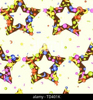 Sprinkle with grains of desserts. Seamless abstract pattern with sharp stars,  moon, circles on chocolate donuts. Design for holiday designs, party, b Stock Vector