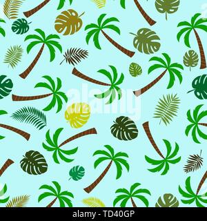 Seamless pattern with palm trees and tropical plant leaves. Ideal for textiles, packaging, paper printing, simple backgrounds and textures. Stock Vector