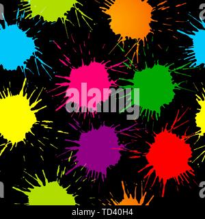 Seamless pattern with multi-colored blots on black background. Modern random colors. Ideal for textiles, packaging, paper printing, simple backgrounds Stock Vector