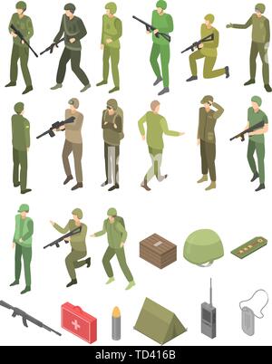 Soldier military icons set, isometric style Stock Vector