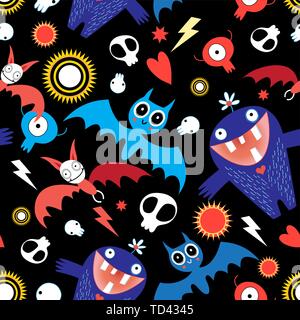 Seamless bright festive Halloween pattern with bats and monsters on a dark background. Stock Vector