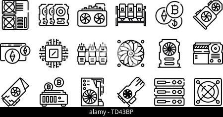 Mining farm icons set, outline style Stock Vector
