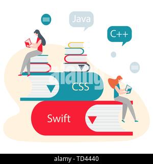 Vector illustration with people on stack of books, studying manual, working on computer. Flat style. Background for the programming landing page. Desi Stock Vector