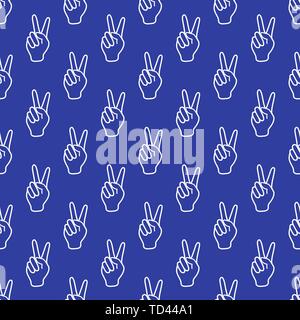 Seamless vector pattern with victory gesture. Two fingers raised up. Gesturing of peace and success. Design for textile, banner, poster or print. Stock Vector