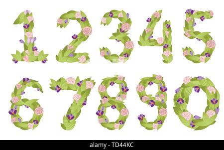Set of numbers. Cartoon flower font design. Number 0 to 9 with flowers and leaves. Flat vector illustration isolated on white background. Stock Vector