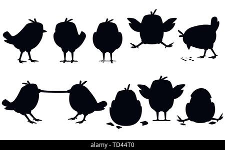 Black silhouette set of cute little chick walk side view cartoon character design flat vector illustration. Stock Vector