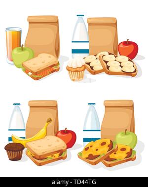 Set of different lunches with paper bags sandwiches drinks and fruits. Recycle brown paper bag. Flat vector illustration isolated on white background. Stock Vector