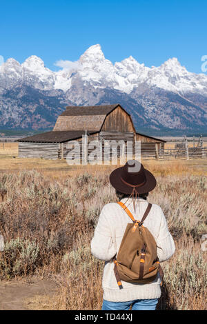 Mormon Row and Teton Range, Grand Teton National Park, Wyoming, United States of America, North America Stock Photo