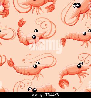 Seamless pattern of cute shrimp in various poses. Cartoon animal character design. Swimming crustaceans. Flat vector illustration on pink background. Stock Vector