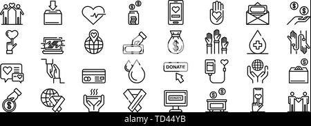 Donations icons set, outline style Stock Vector