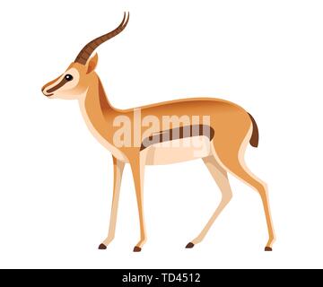 African wild black-tailed gazelle with long horns cartoon animal design flat vector illustration on white background side view antelope. Stock Vector