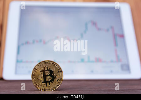 Bitcoin gold coin and candlestick chart background Stock Photo - Alamy