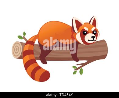 Cute adorable red panda lies on wooden log cartoon design animal character flat vector style illustration on white background. Stock Vector