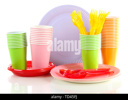 Multicolored plastic tableware isolated on white Stock Photo