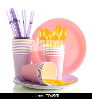 Multicolored plastic tableware isolated on white Stock Photo