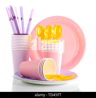 Multicolored plastic tableware isolated on white Stock Photo