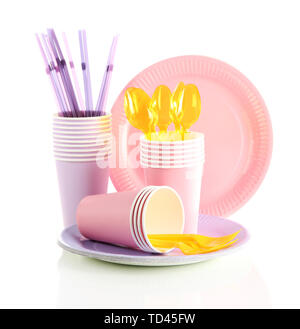 Multicolored plastic tableware isolated on white Stock Photo