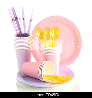 Multicolored plastic tableware isolated on white Stock Photo
