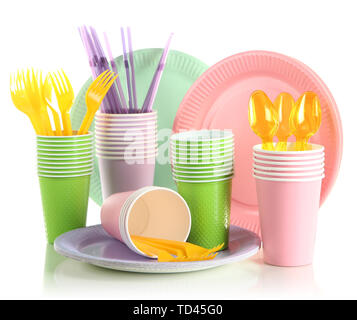 Multicolored plastic tableware isolated on white Stock Photo